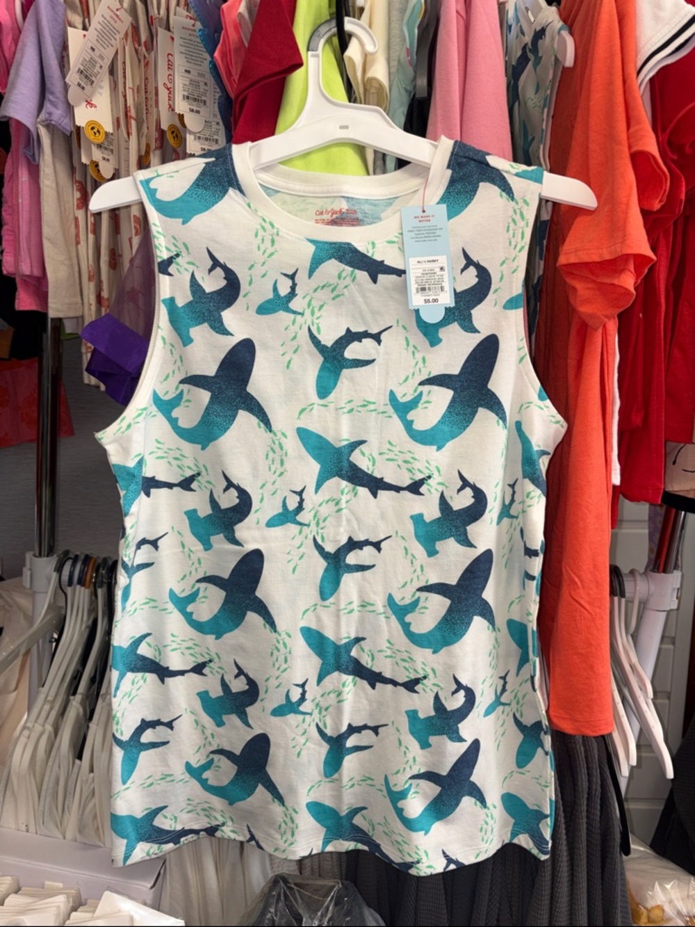 5/$10 Cat & Jack White Tank Top with Teal and Navy Shark Print